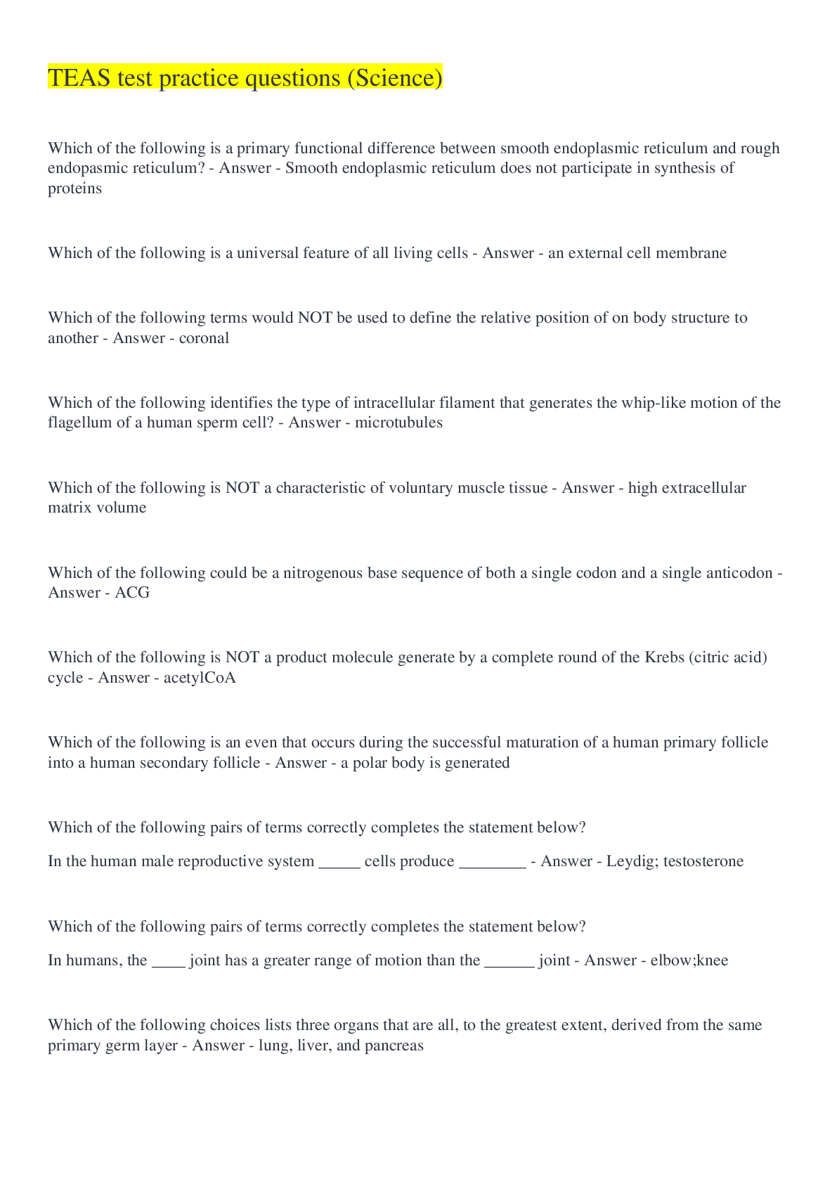 Preview image of TEAS test practice questions (Science) document